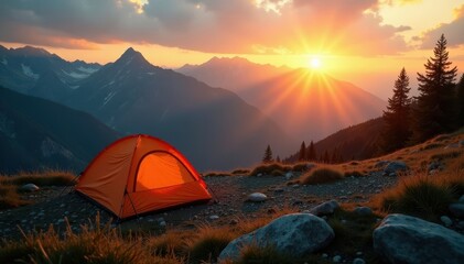 Golden hour light bathes mountain campsite with tent , summer, alpine