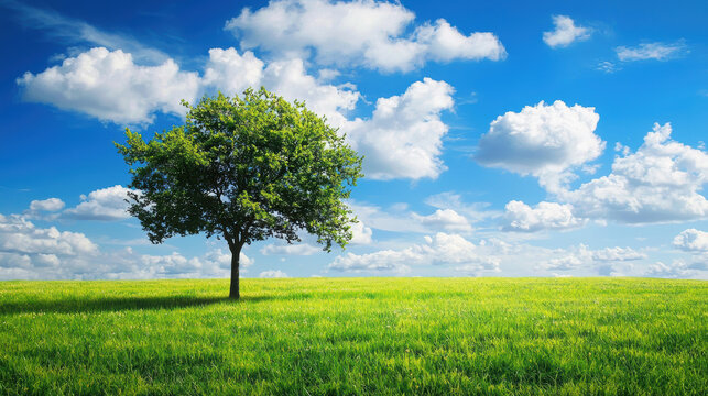 A single lush green tree stands tall in a vibrant green field under a bright blue sky with fluffy white clouds on a sunny day.