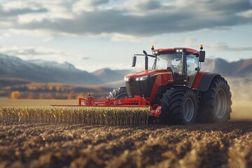 Obraz premium Modern seed drill attached to a large tractor sowing seeds in the field