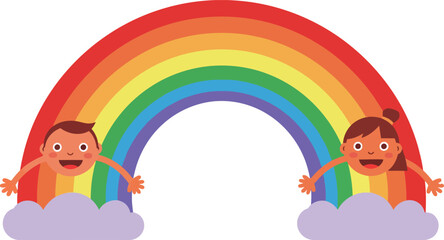 Obraz premium Two cheerful children joyfully peeking out from colorful rainbow clouds in flat vector illustration