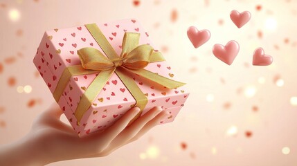Obraz premium Gift Box Held in Hand With Heart-Shaped Decorations Floating Around, Creating a Festive and Loving Atmosphere for Special Occasions