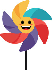 A cheerful pinwheel with vibrant colors and a smiling face in a flat vector illustration