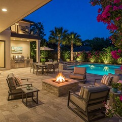 Luxurious backyard at night. Fire pit, seating, outdoor kitchen, pool, and landscaping. Warm lighting enhances the ambiance.
