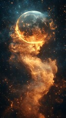 Fototapeta premium Flaming space moon crackles with cosmic fire high resolution picture