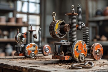 Fototapeta premium Unique Whimsical Mini Machines Crafted from Reclaimed Metal Springs for a Joyful Atmosphere