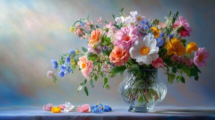 Vibrant Bouquet of Spring Flowers in a Crystal Vase on a Soft Background