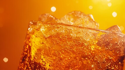 Refreshing Beverage With Ice in a Glass, Set Against a Vibrant Orange Background During a Sunny Day