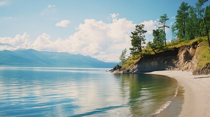Obraz premium Stunning Natural Landscape Featuring Calm Waters and a Serene Beach Under a Clear Blue Sky in a Forested Area