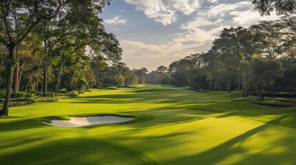 A wide view of a golf course, with the fairway lined by tall trees and sand bunkers strategically placed, highlighting the lush greenery and peaceful ambiance.