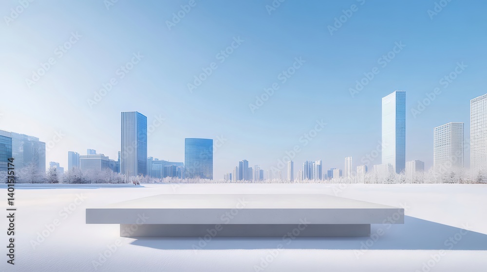 Aufkleber 冬の都市風景 青い空と雪景色に白いプラットフォーム展示デザインのモダンな建築