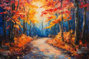 Obraz premium A winding path through a lush forest, dappled sunlight filtering through the canopy, creating a serene and peaceful atmosphere. Nature's beauty captured in brushstrokes.