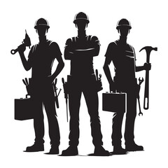 Construction workers silhouette holding tools ready for any project