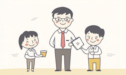 cartoon illustration of three business people discussing ideas, corporate teamwork concept, style of a subtle grain, scratches