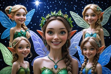 Fototapeta premium Enchanting Set of Six 3D Fairy Characters with Joyful Faces Under a Starry Night Sky