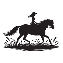 Cowgirl Riding Horse Silhouette Vector Illustration in Meadow Landscape