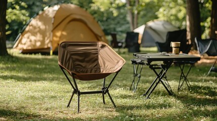 Quiet Camping Site With Tents and Chairs Under Greenery During Afternoon Sunlight