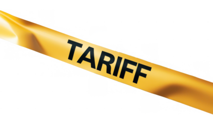 Cinta amarilla con la leyenda "TARIFF", colocada de manera diagonal, aislada sobre fondo transparente. PNG.
