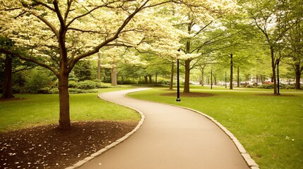 Fototapeta premium Winding path through a lush park, trees in bloom, green grass, peaceful atmosphere