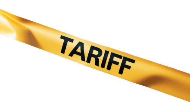 Cinta amarilla con la leyenda "TARIFF", colocada de manera diagonal, aislada sobre fondo transparente. PNG.