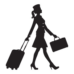 Silhouette female pilot or flight attendant pulling luggage bag graphic