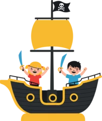 Two cheerful children on a pirate ship in flat vector art style, holding swords and celebrating adventure in a playful scene