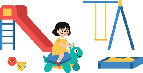 A girl playing joyfully on a green toy dinosaur at a vibrant playground, flat vector illustration