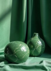 Elegant green vases displayed on a soft green fabric background with natural light