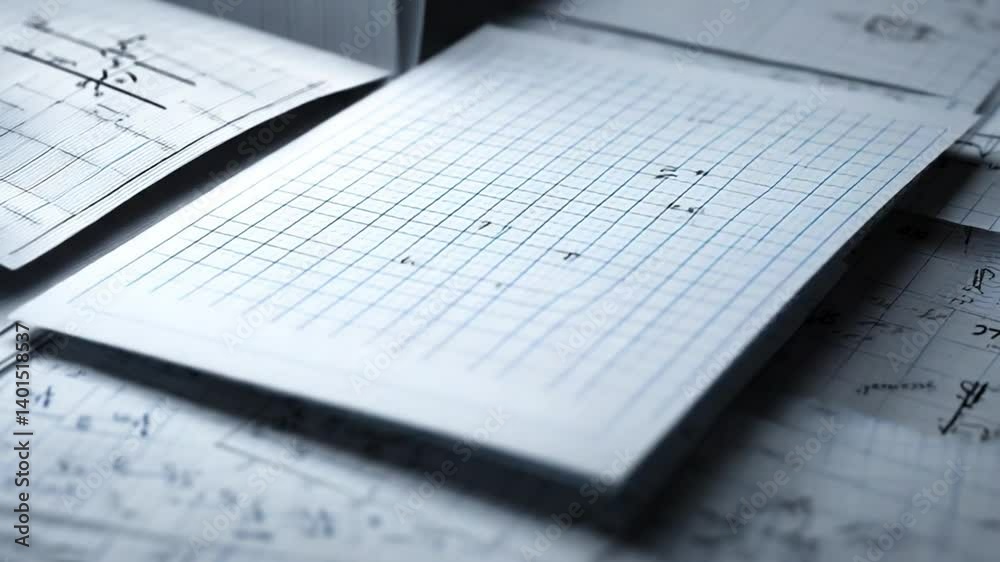 Poster math physics formulas on squared paper in a tilted view generative ai