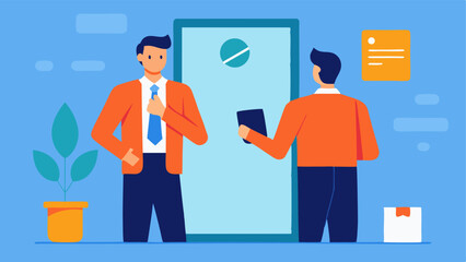 Fototapeta premium Inter Preparation A scene of a candidate practicing in front of a mirror adjusting their tie or blouse while notes and inter questions are tered nearby.