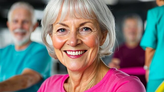 Senior fitness class in a modern gym with smiling participants engaging in exercises