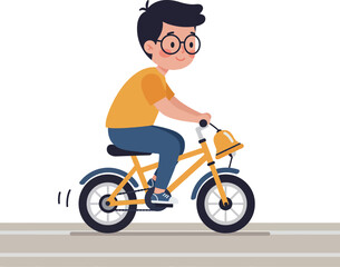 Naklejka premium A cheerful boy riding a yellow bicycle in a flat, minimal style vector illustration