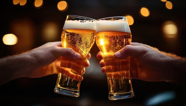 Two hands clinking beer glasses in a celebratory toast, capturing the frothy golden beer and the joyous atmosphere of a special moment.