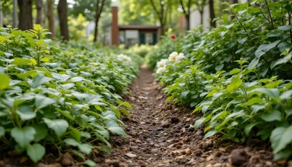 Lush Garden Pathway Surrounded by Vibrant Green Plants and Flowers