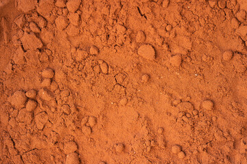 Close-up texture of cocoa powder, showing its rich brown color and fine, crumbly consistency, ideal for backgrounds, packaging, or culinary content.