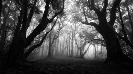 A fog-filled dark forest with deep shadows and twisted forms.