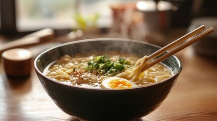 A steaming bowl of ramen with chopsticks, egg, and green onions on a wooden table surface near window