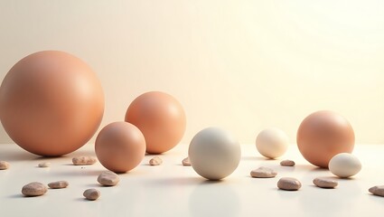 A minimalist scene featuring various sized spheres and small clay like stones on a white surface
