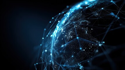 A glowing blue digital globe with a network of connections.