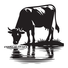 Silhouette Cow Drinking Water Vector Image for Farm Themed Design