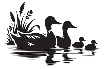 Silhouette Duck Family Swimming in Water Graphic Design Vector