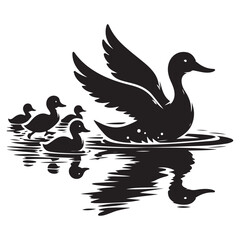 Duck Family Mother and Ducklings Swimming Black Silhouette