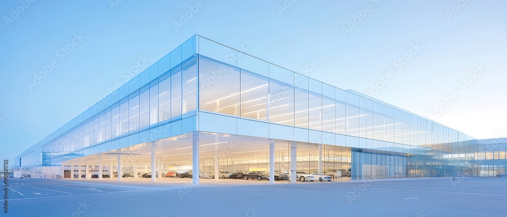 Poster 青い空の下の大きなガラス張りの近代的な建物 現代建築のデザインと洗練された外観