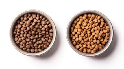 Dry food for both cats and dogs in separate bowls, captured from above on a clean white background, highlighting the texture of the kibble.