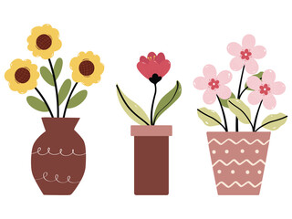 hand drawing cartoon flowerpot and leaves sticker set