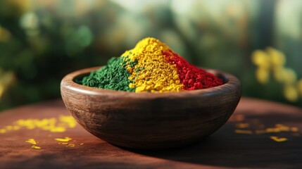 Traditional Gulal powders in a wooden bowl, the vibrant colors of red, yellow, and green waiting to burst into life at a festive celebration.
