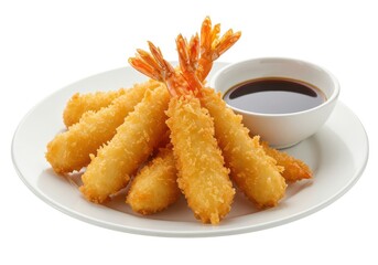 Delicious fried shrimp tempura with dipping sauce on plate isolated on white background
