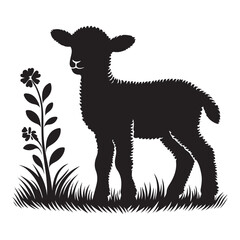Adorable Black Lamb Silhouette Illustration with Flowers and Grass