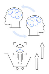 Human heads with brain outlines connected by arrows, shopping cart with cube and upward arrows. Ideal for knowledge sharing, innovation, teamwork, product development, communication, learning