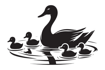 Silhouette duck family swimming reflection in water nature illustration