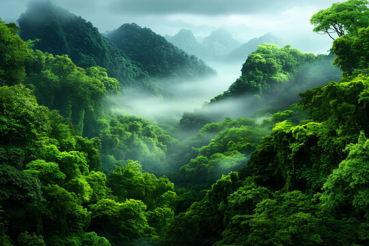 Emerald Embrace: A breathtaking vista of a verdant valley enshrouded in ethereal mist, a sanctuary of untouched wilderness where the vibrant hues of nature flourish.